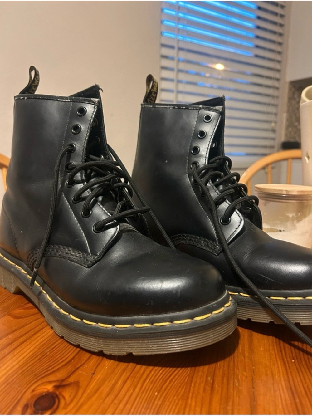 Dr. Martens Black Leather Lace-Up Combat Boots with Yellow Stitching